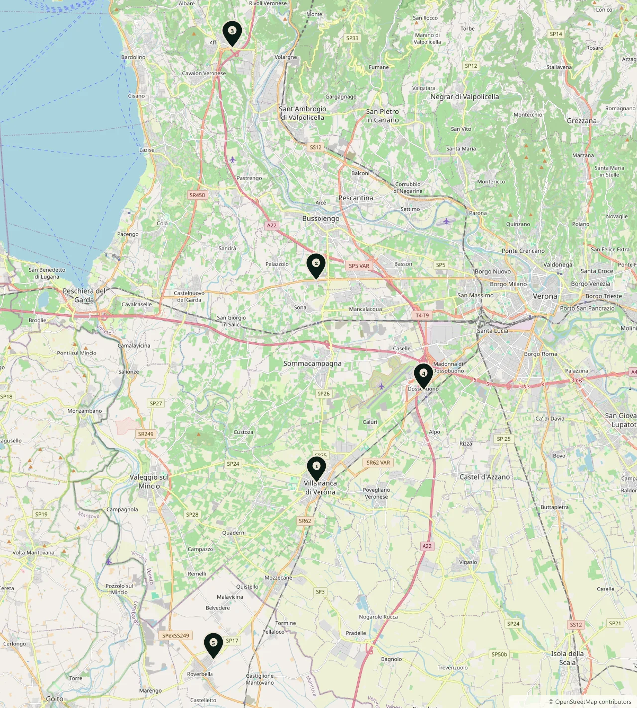 Mappa fra Verona e Mantova con i cinque studi: Villafranca di Verona, Sona, Affi, Dossobuono e Roverbella